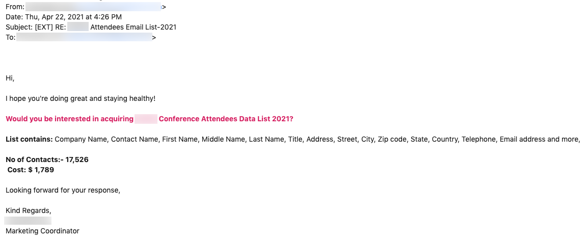 Sample email used for phishing drills.